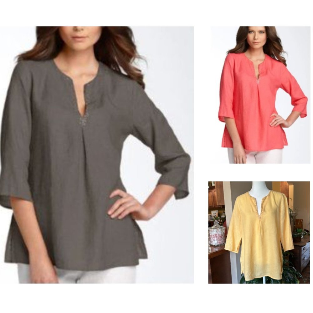 Eileen Fisher Irish linen sequin trim split-neck tunic szM